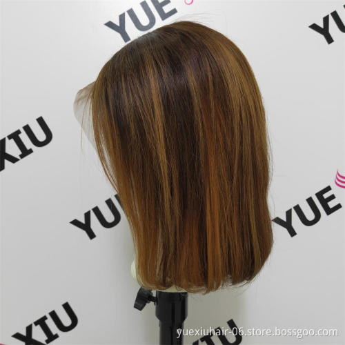 Short Bob Highlight 4/27 Color Human Hair Natural Lace Front Wigs Brown Ombre Remy Hair Pre-Plucked Swiss Lace Highlight Bob Wig